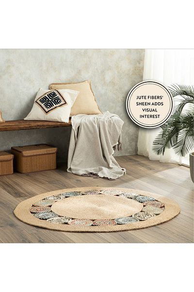 English Home Juteteppich rund Boho und Ethno Look für Wohnzimmer, Schlafzimmer, Ankleidezimmer, 90x90 cm