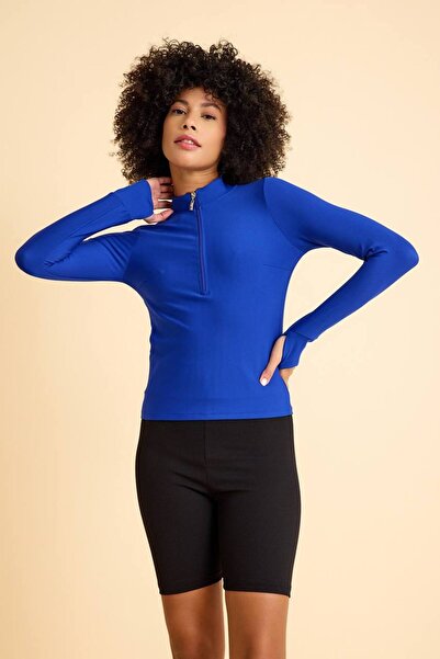 lismina Saks Mavi Parmağa Geçmeli Yakası Fermuarlı Spor Bluz