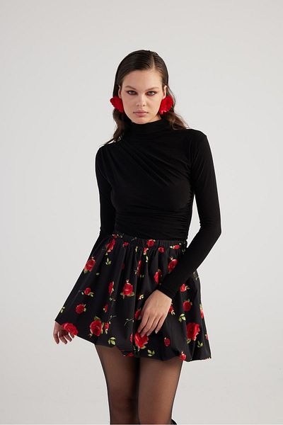 HOLLY LOLLY Rose Patterned Balloon Cut Black Mini Donna Skirt