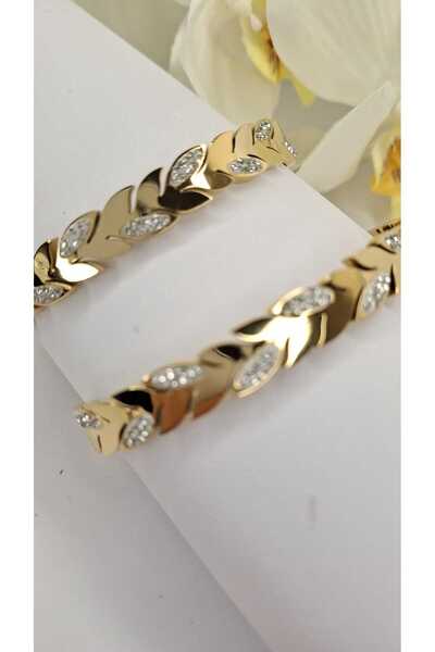 Çelik Zirkon Taşlı Gold Renk Yaprak Model Bileklik
