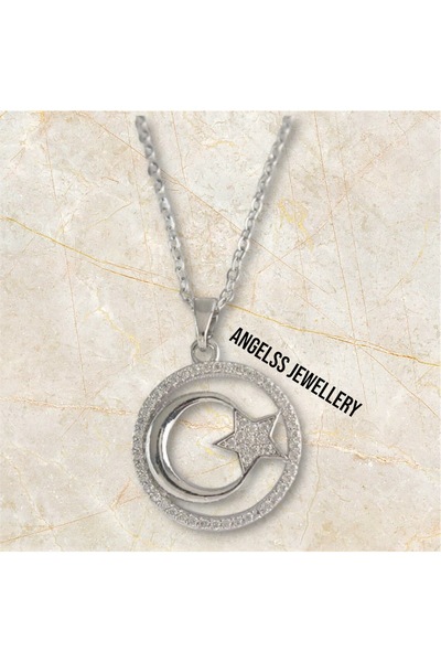 ANGELSS JEWELLERY قلادة من حجر الزركون ونجمة القمر من الفضة (قلادة من حجر الز...