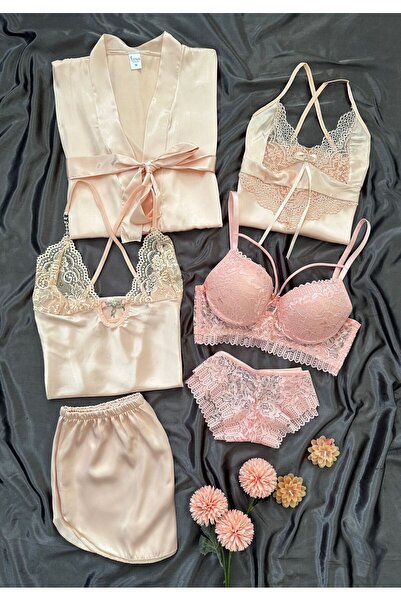 Lena Homewears Somon Vanessa Kadın Saten Gecelik Sabahlık Çeyiz Seti