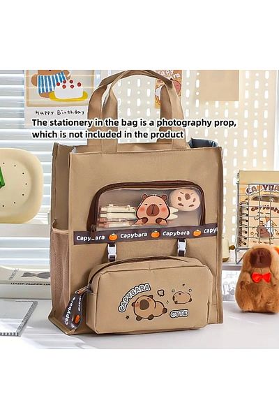 GlassySKY Oxford Cloth Capybara Embellished Student Schoolbag, Easy to Carry Office Material File Bag