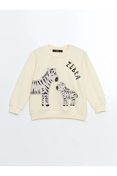 LC Waikiki Lcw Kids Ecru Crew Neck Printed Girls' Sweatshirt