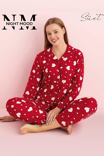 DK İÇ GİYİM Red Heart Column Top Pajama Set Buttoned Seats