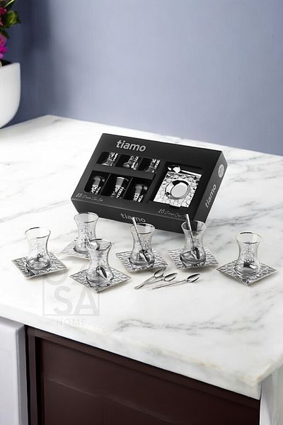 ÖzSa Home Tiamo Seljuk Premium 18/10 Stainless Steel 18 Piece Tea Set Tea Cup Tea Plate Dowry