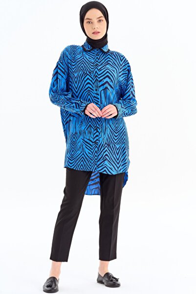 Tuğba Büyük Beden Garnili Desenli Tunik - Saks