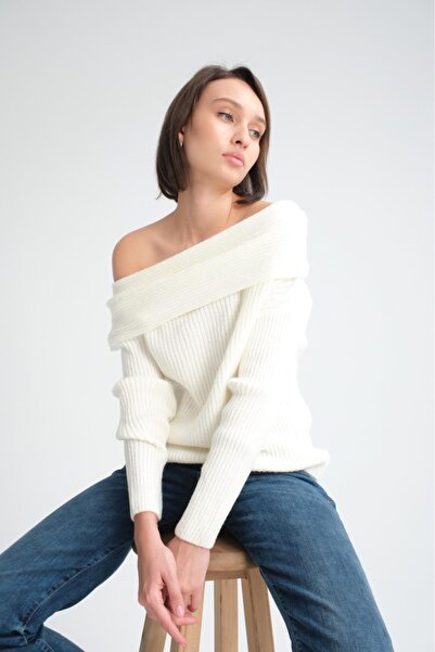 Su Moda Pulover tricotat elegant cu guler Madonna - moale, gros, moale și cu mânecă lungă