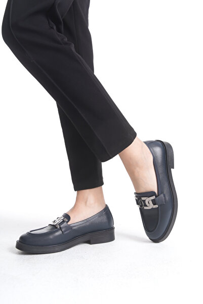 Deassa Hakiki Deri Lacivert Cilt Tokalı Loafer Kadın Ayakkabı