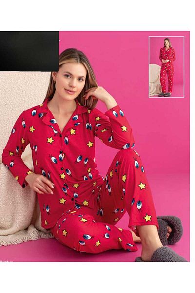 aytenli Wide Cut and Star Print Thin Fleece Pajamas Set - Front Button, Elastic Waist