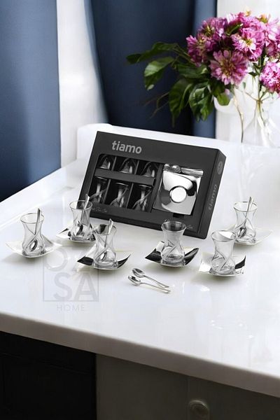 ÖzSa Home Tiamo Ela Premium - 18/10 Stainless Steel Tea Set 18 Pieces with Tea Cup and Tea Plate Dowry