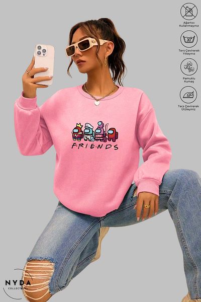 Nyda Collections Unisex μακρυμάνικο ανάμεσά μας Friends με στάμπα με λαιμόκοψη χωρίς κουκούλα υπερμεγέθη φούτερ