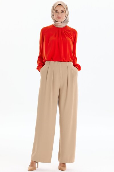 Tuğba Pile Detaylı Bol Paça Pantolon - Bej