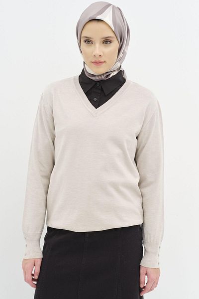 Tuğba V-Neck Sleeve Button Detailed Sweater - Stone