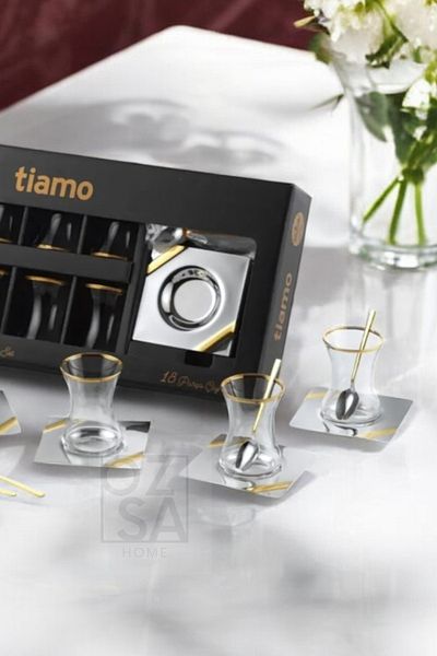 ÖzSa Home Tiamo Mira Premium - 18/10 Stainless Steel 18 Piece Tea Set Tea Cup and Tea Plate