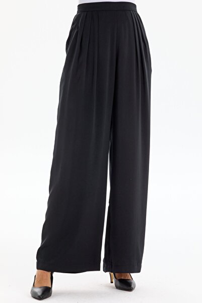 Tuğba Pile Detaylı Bol Paça Pantolon - Siyah