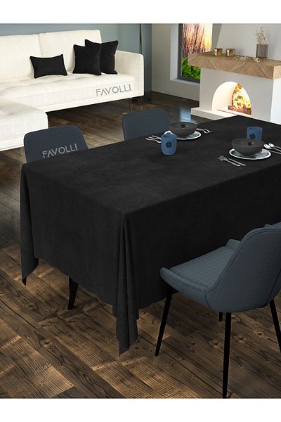 FAVOLLİ Velvet Textured Black Color Tablecloth