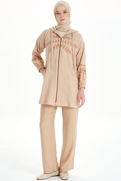 Tuğba Nakışlı Fermuar Kapamalı Giy Çık - Camel