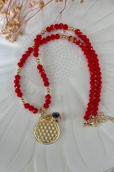 Trendy Butik قلادة زهرة الحياة مطرزة بالكريستال الأحمر