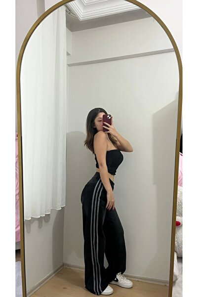 Violon Siyah Yıkamalı Şeritli Bol Paça Kot Pantolon