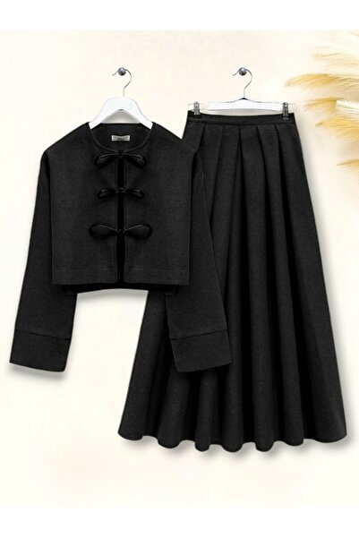Modamorfo Pleated Skirt and Tied Front Stamp Suit - Black