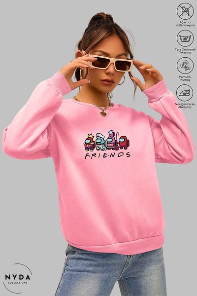 Nyda Collections Unisex μακρυμάνικο ανάμεσά μας Friends με στάμπα με λαιμόκοψη χωρίς κουκούλα υπερμεγέθη φούτερ