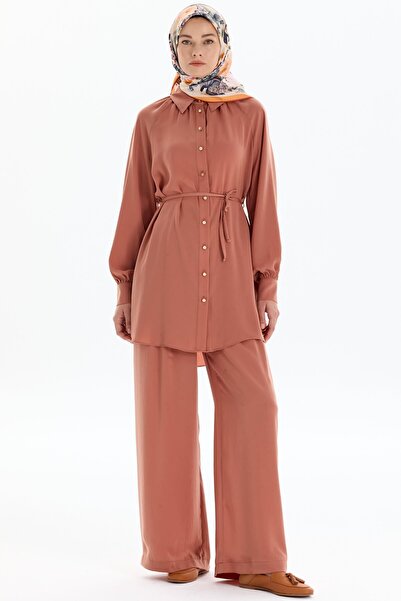 Tuğba Pile Detaylı Bol Paça Pantolon - Taba