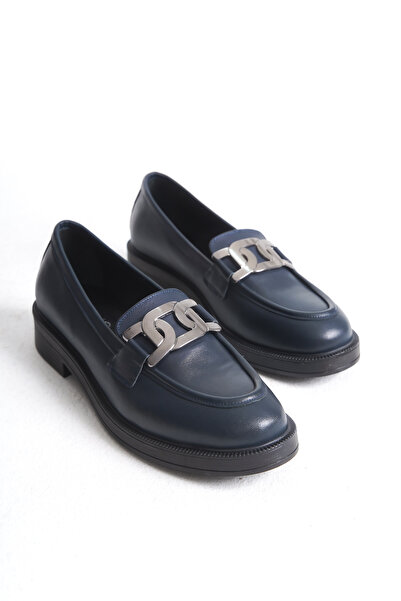 Deassa Hakiki Deri Lacivert Cilt Tokalı Loafer Kadın Ayakkabı