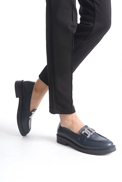 Deassa Hakiki Deri Lacivert Cilt Tokalı Loafer Kadın Ayakkabı