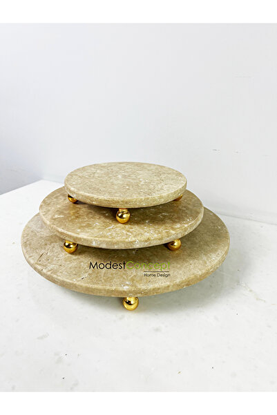 ModestConcept Traverten 3lü Sunum Seti, Traverten 3lü Set Gold Top Ayak