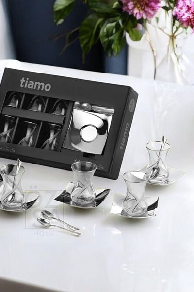 ÖzSa Home Tiamo Ela Premium - 18/10 Stainless Steel Tea Set 18 Pieces with Tea Cup and Tea Plate Dowry