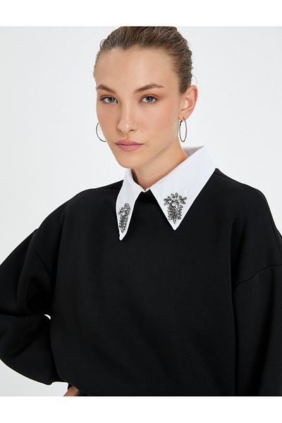 Koton Sweatshirt Stoned Shirt Collar Ribbed Long Sleeve