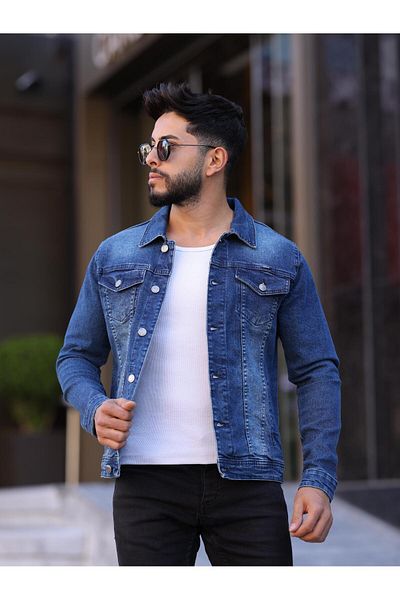 WKM Men's Acid Blue Jean Denim Standard Fit Pocket Button Jeans Jacket
