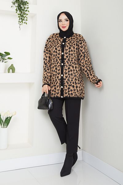 Pamuk Butik Γυναικεία Λεοπάρ Πλεκτά Ζακέτα
