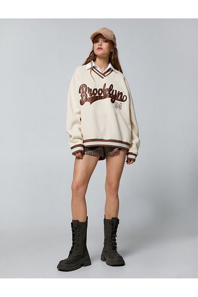Koton V-Neck Embroidered Oversize College Sweatshirt - Piping Detail