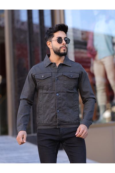 WKM Jachetă de blugi cu nasturi pentru bărbați, gri, din denim, cu buzunare