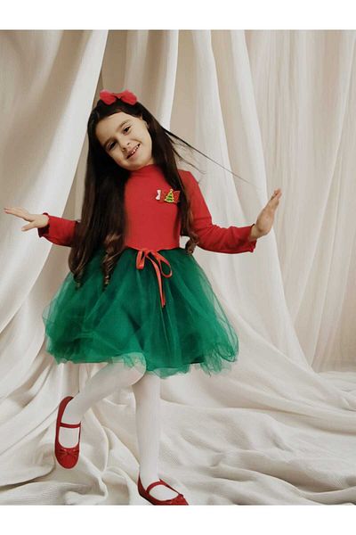 neocotton New Year Girl's Tulle Dress Christmas Christmas Party with Christmas Pine Tree Brooch Detail