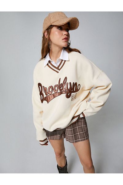 Koton V-Neck Embroidered Oversize College Sweatshirt - Piping Detail