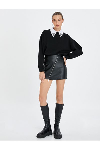 Koton Sweatshirt Stoned Shirt Collar Ribbed Long Sleeve