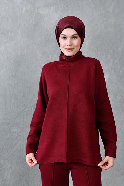 bayansepeti Claret Red Hijab Bottom-Top Set - Stand γιακά, μακριά μανίκια, μπλουζάκια και σπαστά πόδια 1070