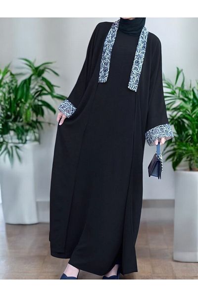 Flow Mi̇sseale Loose Long Jacket with V-Neck and Sweep Sleeve Detail or Ferace