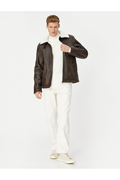 Koton Deri Görünümlü Ceket Peluş Yakalı Fermuarlı Cep Detaylı