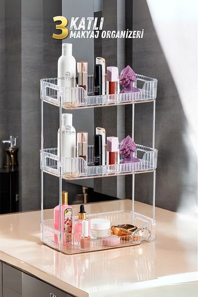 Metsar Home Organizator multifuncțional pentru machiaj cu 3 niveluri - Organizator de bijuterii, raft pentru baie, suport pentru șampon