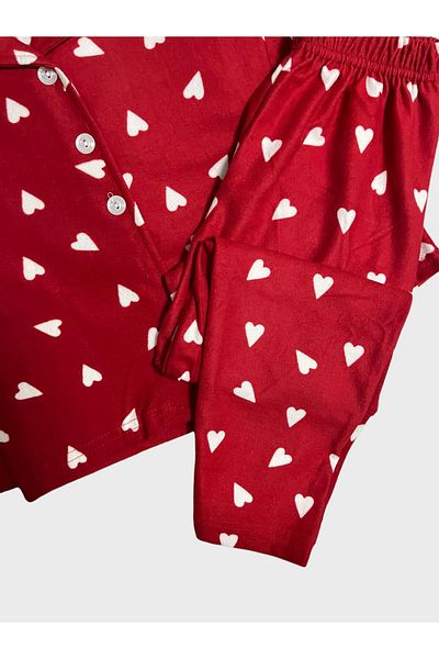 Fil Kids Girls' Cotton Suede Fabric Red Heart Print Shirt Collar Buttoned Long Sleeve Pajamas Set