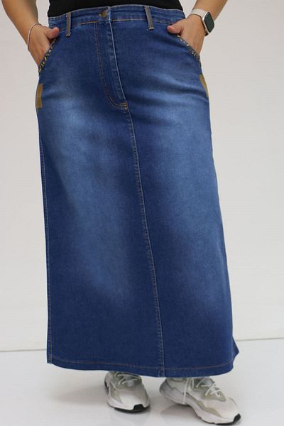 Eslina 45008-1 Fusta din denim cu buzunare de mărime mare, cu detaliu de piatră - Albastru închis