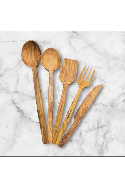 F&S WoodArt Edremite Olive Wood Natural Wood Handmade Set Spoon Scoop Spatula Fork Knife