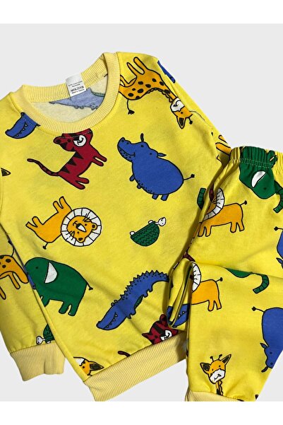 Fil Kids Erkek Çocuk Pamuklu Şardonlu Sarı Aslan Fil Zürafa Safari Desenli Uzun Kollu Kışlık Pijama Takımı