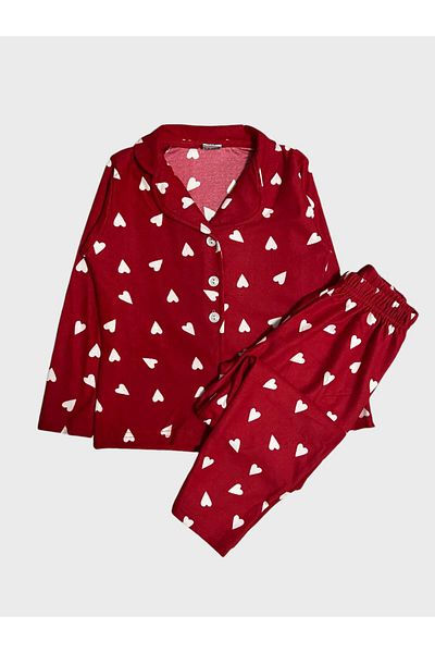 Fil Kids Girls' Cotton Suede Fabric Red Heart Print Shirt Collar Buttoned Long Sleeve Pajamas Set