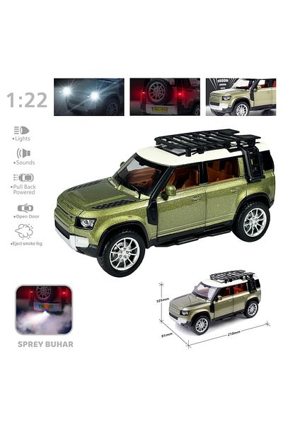 FEN TOYS سيارة لاند روڤر ديفندر للطرق الوعرة خضراء اللون أخضر 1:22 طراز معدني سيارة عادم خفيف الصوت دخان العادم