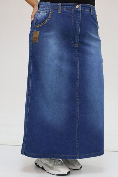 Eslina 45008-1 Fusta din denim cu buzunare de mărime mare, cu detaliu de piatră - Albastru închis